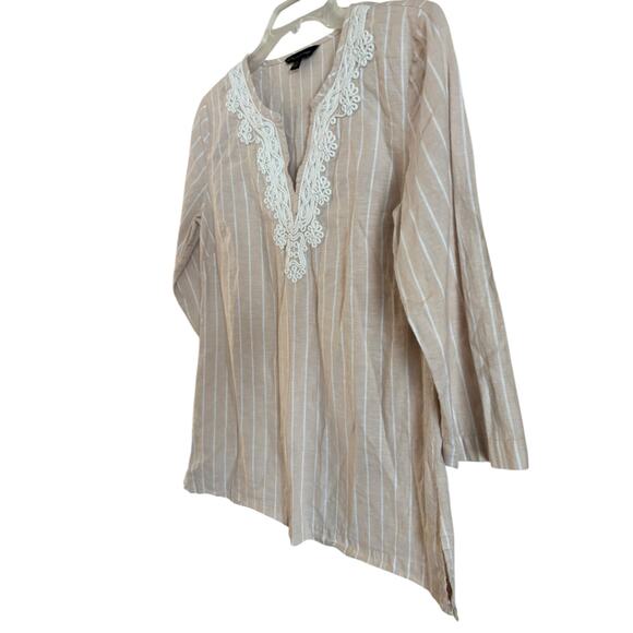 Brooks Brothers Linen Cotton Tunic Embroidered Piping Striped Beige White Small - Picture 2 of 6